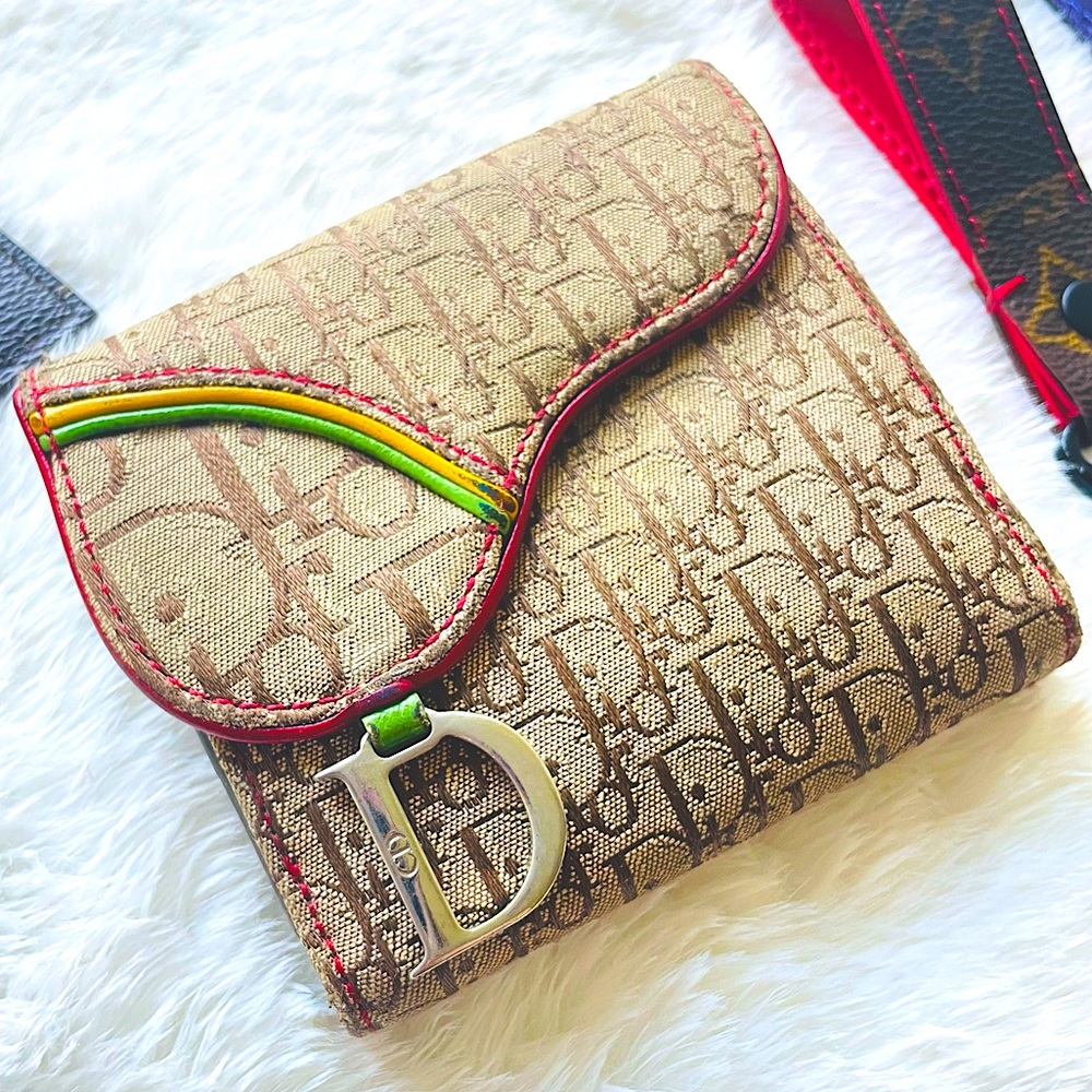 CHRISTIAN DIOR 🤍 Y2K 💙 DIORISSIMO CANVAS RASTA SADDLE WALLET ❤️ RARE 💛